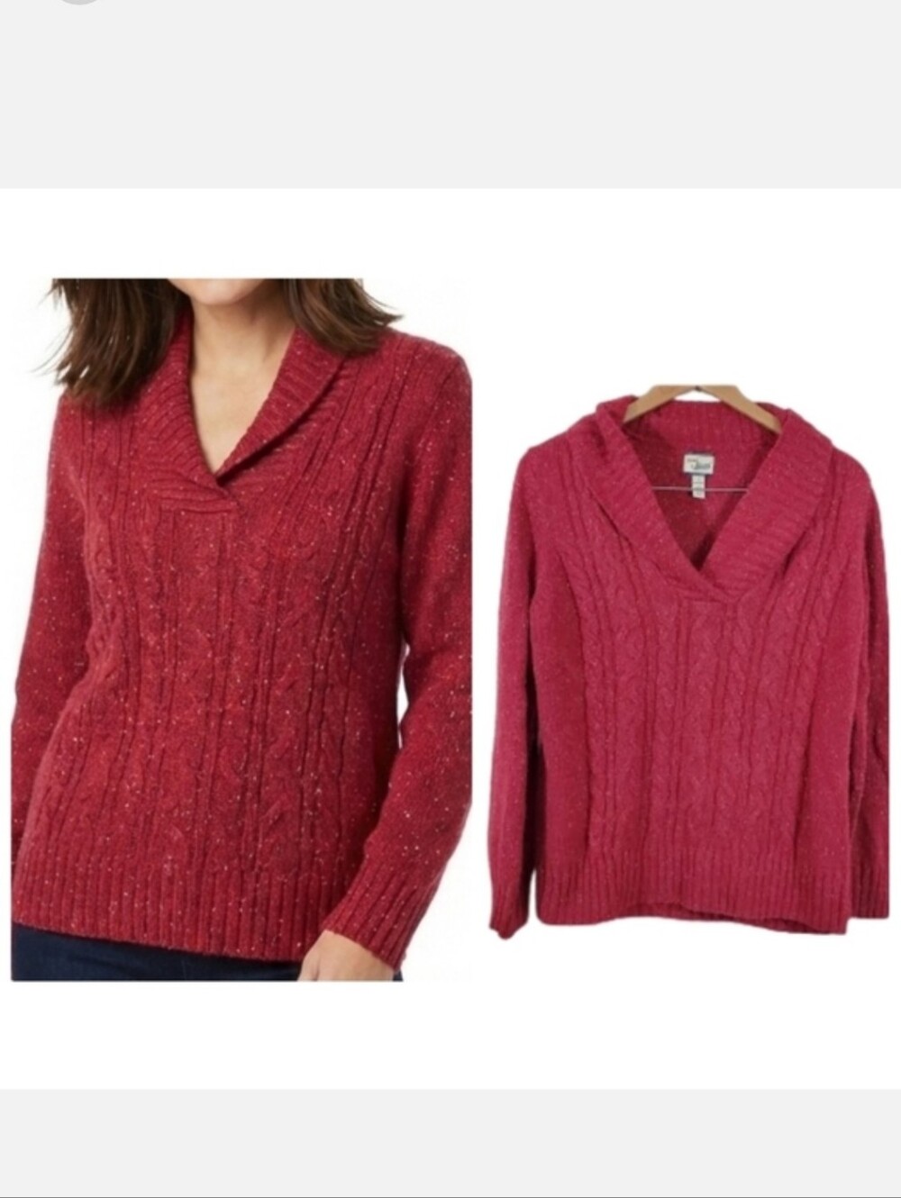 Bass red cable knit sweater with shawl collar women's size large